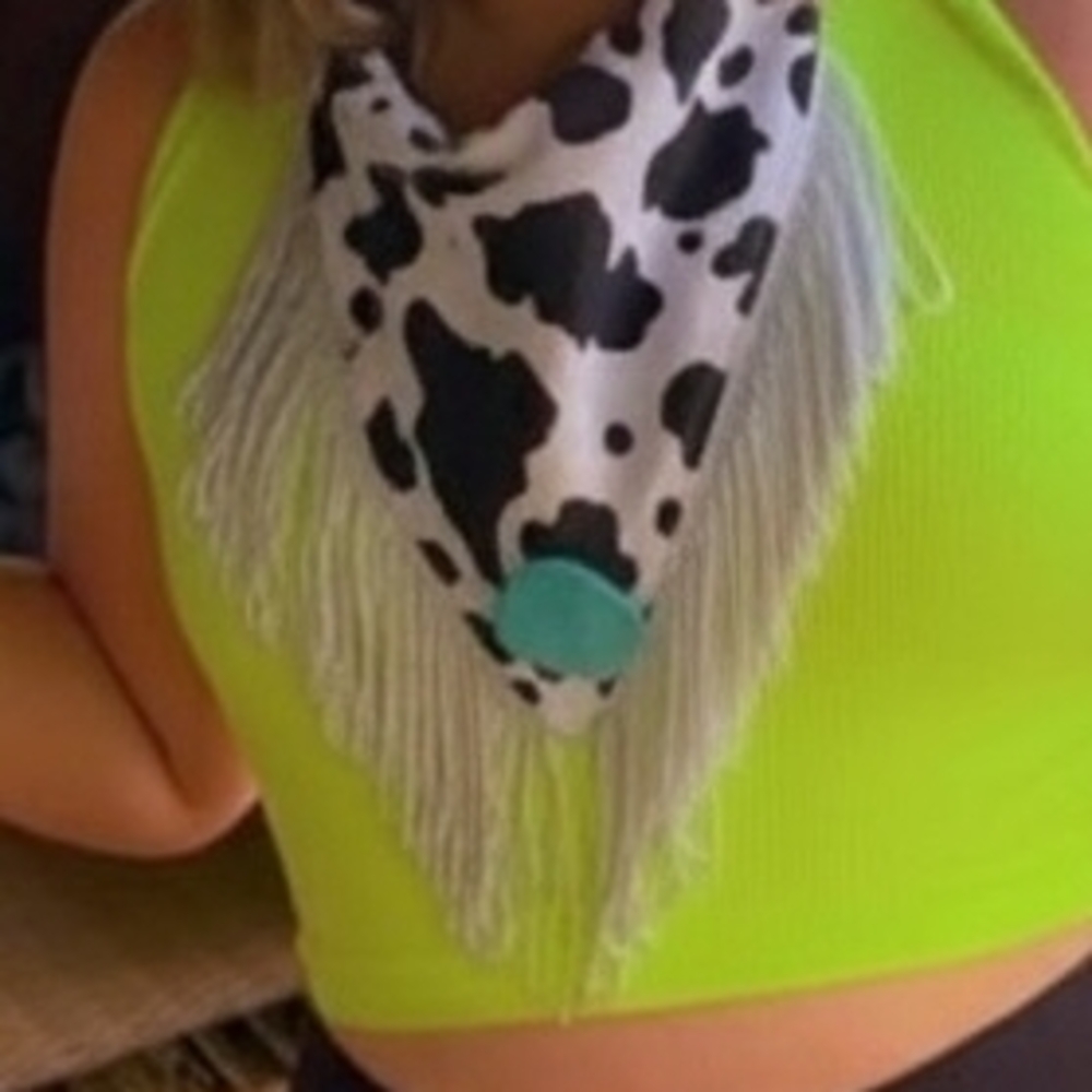 Fringed Cow Print Scarf with Turquoise Accent